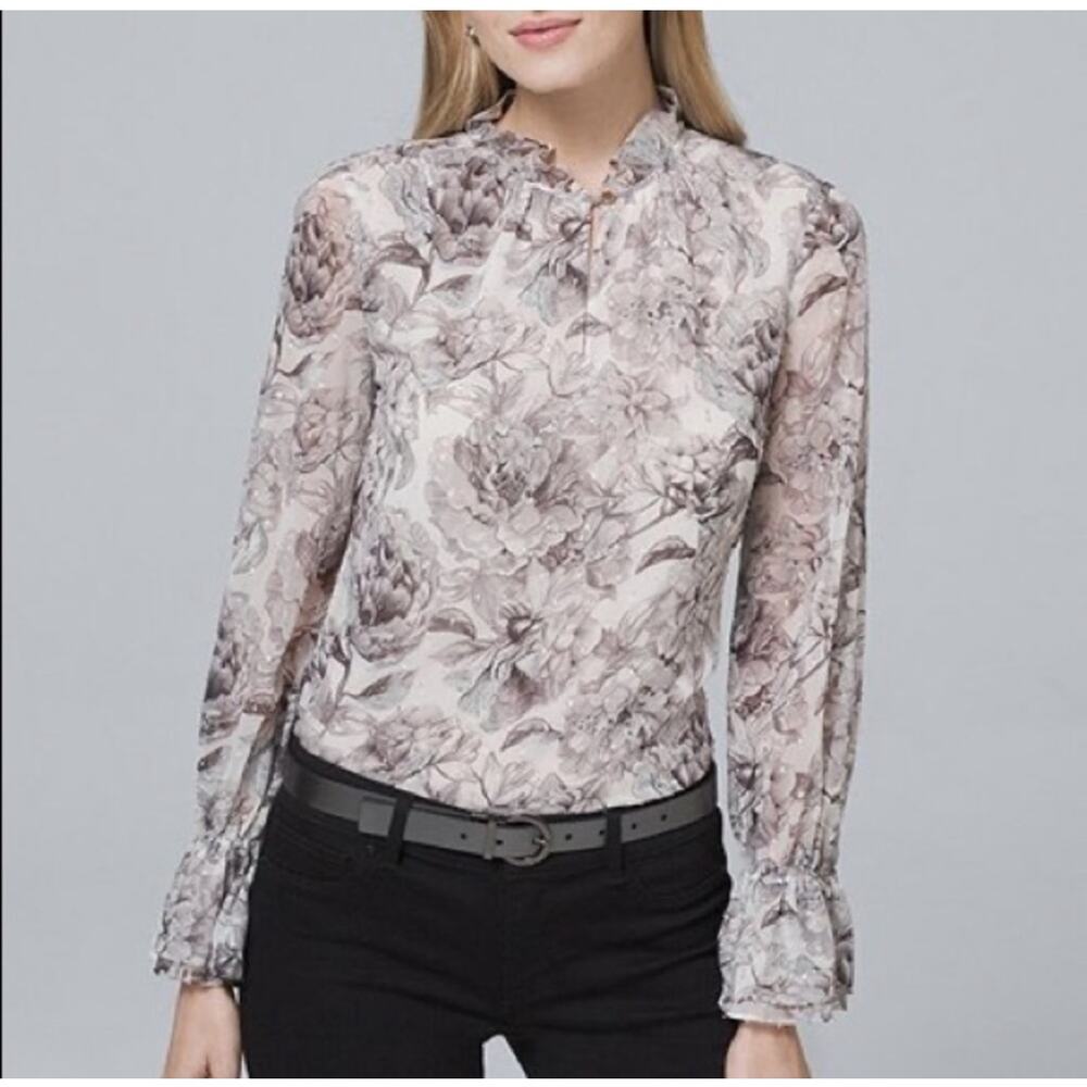 WHBM Ruffle-Trim Floral Blouse Womens Size 8 Ecru Black Metallic Clip Career Top